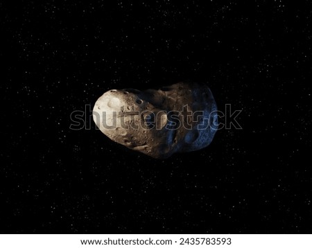 Space rock on a black background. An asteroid covered with craters. Meteorite near the Earth's orbit.