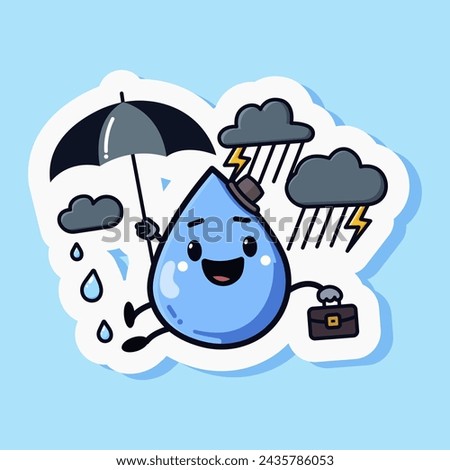 Storm weather sticker set, cute cartoon raindrop design character flying using umbrella. Thunder, rain and lightning symbol. Children doodle drawing. Isolated on blue background. Vector illustration