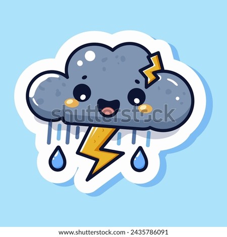 Storm cloud icon, cute cartoon design character. Thunder, rain and lightning symbol. Children doodle drawing. Emoji expression. Isolated on blue background. Vector illustration Royalty-Free Stock Photo #2435786091