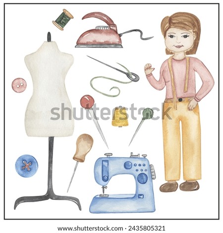 Watercolor tailor clipart, hand drawn illustration. Tailor working, kids school card clip art, educational, cute children graphics with professions.