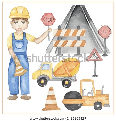Watercolor roadworker clipart, hand drawn illustration. Road worker working, kids school card clip art, educational, cute children graphics with professions.