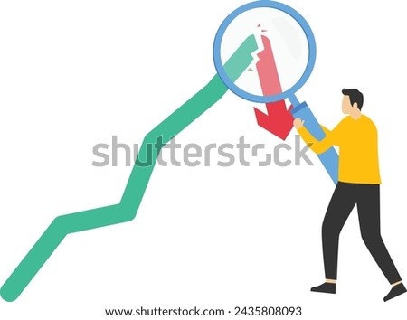Stock market decline or Cryptocurrency, businessman with magnifying glass on arrow refuses. economic downturn or recession, falling market signals, inflation or falling interest rates concept. Royalty-Free Stock Photo #2435808093