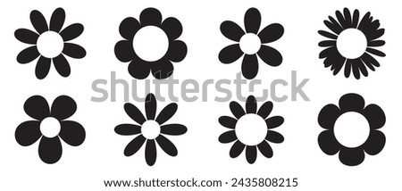 Daisy Camomile. Eight chamomile silhouette shape icon line set. Cute round flower plant nature collection. Love symbol. Growing concept. Decoration element. Flat design. White background. 