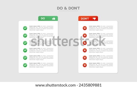 Do's and Don'ts Pros and Cons VS Versus Comparison. Infographic Design Template. Infographic comparison table. Vector illustration. Royalty-Free Stock Photo #2435809881