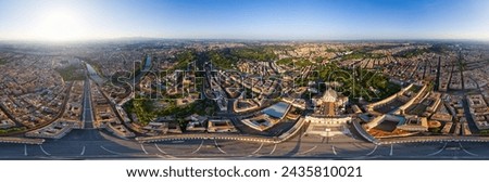 Rome, Italy. St. Peter's Cathedral - Basilica di San Pietro. Panorama of the city on a summer morning. Sunny weather. Panorama 360. Aerial view