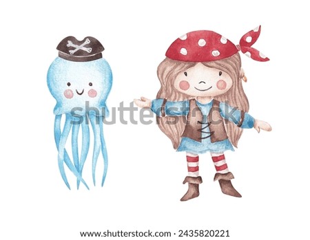 Printable clip art with pirate girl and octopus hand drawn by watercolor. Cute kid illustrations isolated on white. For pirate party invitation, card, banner, logo, rame art and so on