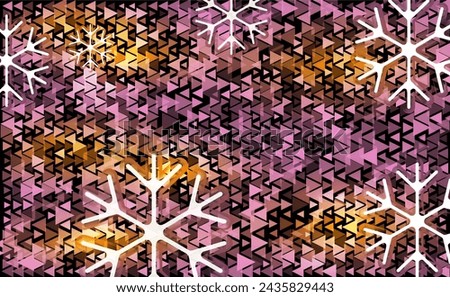 White and violet transparent snowflake Christmas light backdrop. Different pink triangle on a black abstract background with snowflakes. Card or invitation decoration and design illustration.