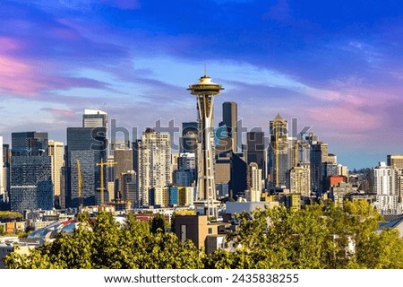 Panoramic view of Seattle cityscape  at sunset, Washington, USA