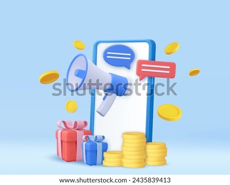 3d mobile phone, megaphone, gift box and coin. Refer A Friend Concept, People share info about referral and earn money. 3d rendering. Vector illustration Royalty-Free Stock Photo #2435839413