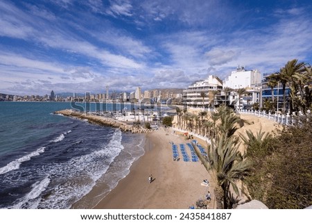 Photo of the beautiful town of Benidorm showing the Cala del Mal Pas Beach on a sunny summers day in the summer time with blue sun beds on the beach by the boating harbour Royalty-Free Stock Photo #2435841887