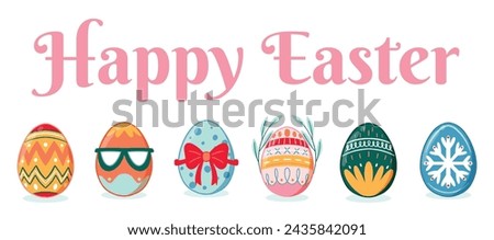 Happy Easter eggs set in green orange and pink color. Holiday easter clip art for cards, invitations, tags and postcards.