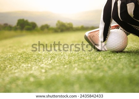 Photo of hand wearing golf glove Place the golf ball on the grass.