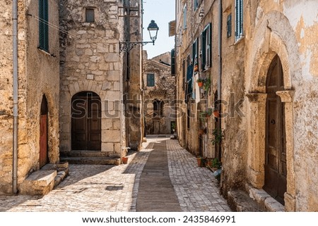 Scenic sight from the historic center of Acuto, beautiful village in the Province of Frosinone, Lazio, central Italy. Royalty-Free Stock Photo #2435846991