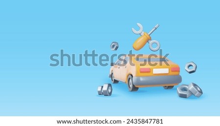 3D Car Repair Concept Isolated. Render Car with Mechanic Fix Tools Icons. Emergency Roadside Assistance. Vehicle Diagnosis and Wheel Change. Automobile Workshop. Realistic Vector Illustration Royalty-Free Stock Photo #2435847781