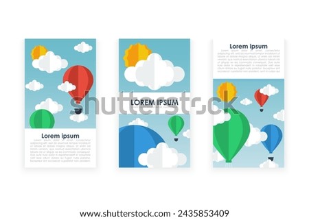 Colorful banners with Air Balloons on sky and cloud. Paper art.