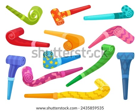 Color party blowers. Paper blower for birthday or festival time. Children toys or fans accessories. Tube horns, decorative whistles neoteric cartoon vector set Royalty-Free Stock Photo #2435859535