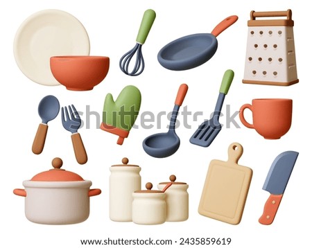 Render 3d kitchen elements. Isolated realistic bowl, cup and plate. Pot and crockery, knife, fork and spoon. Jars for ingredients, pithy vector clipart Royalty-Free Stock Photo #2435859619