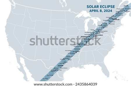 Great American Total Solar Eclipse of April 8, 2024. Political map containing names of cities inside the path of totality. Visible across North America, passing over Mexico, United States, and Canada. Royalty-Free Stock Photo #2435864039