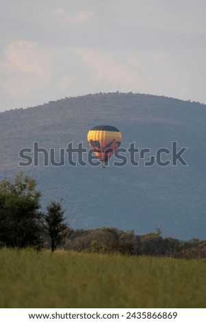 Colorful hot air balloon safari, observed in South Africa, in Pilanesberg National Park Royalty-Free Stock Photo #2435866869