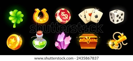 Rpg game slots. Magical gaming icons for mobile casino roulette, cartoon loot ui badge kit ancient treasure dice gold medal magic glow gems video games neoteric vector illustration of game magic app Royalty-Free Stock Photo #2435867837