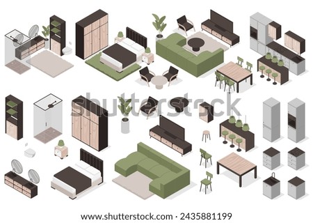 Furniture isometric elements constructor mega set. Creator kit with flat graphic interior objects for bathroom, bedroom, living room, dining and kitchen. Vector illustration in 3d isometry design Royalty-Free Stock Photo #2435881199