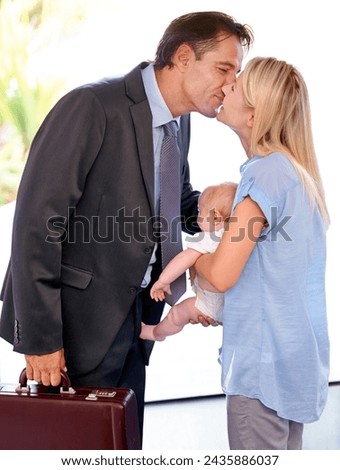 Businessman, family and parents kiss baby, love in relationship or welcome home on valentines day. Kid, toddler and mother with father in romance for connection, greeting or arrival together in house Royalty-Free Stock Photo #2435886037
