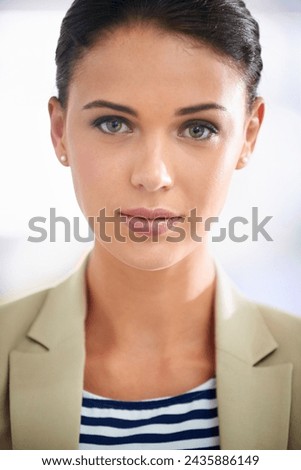 Portrait of businesswoman, closeup or finance career in office for professional, job or corporate company. Face, proud employee or work as financial consultant or serious female worker in workplace Royalty-Free Stock Photo #2435886149