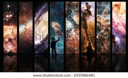 Child, universe and education in galaxy museum or exhibition with science, explore and discover for development. Kid, planet and solar system study with outer space display and cosmic element Royalty-Free Stock Photo #2435886481