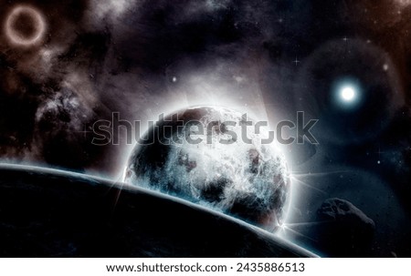 Solar system, galaxy and earth in universe with sun for light in sky, space and planet with climate change. Elements, nature, and asteroid rocks in atmosphere for cosmic environment and human life. Royalty-Free Stock Photo #2435886513