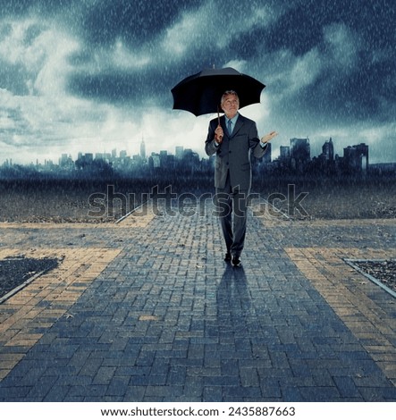 Businessman, umbrella and walking for security in rain, insurance at crossroads by city background for choice. Mature person, winter and street with dark clouds in storm and future decision for path