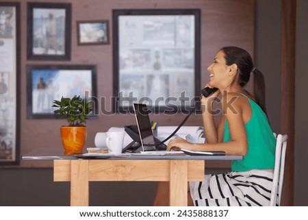 Phone call, remote work and landline with woman employee in office for communication or reception. Laptop, smile and happy young secretary answering telephone in small business or startup workplace Royalty-Free Stock Photo #2435888137