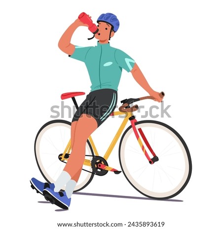 Serene Cyclist Character Perched On The Bike Frame, Savors A Moment Of Repose, Sipping Cool Water, Embodying Tranquility Of A Well-earned Break In The Midst Of Athletic Endeavor. Vector Illustration