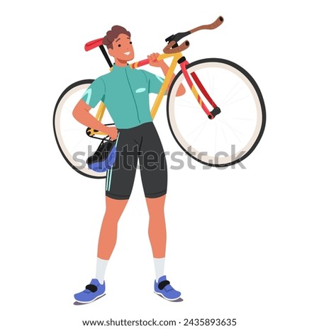Sportsman Cyclist Character, Clad In Professional Gear, Confidently Hoists His Bike Over One Shoulder, Displaying Strength, Determination, And Passion For The Ride. Cartoon People Vector Illustration