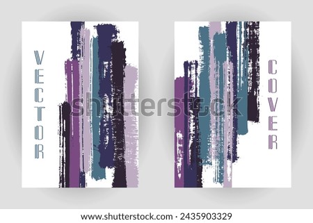 Couple of cover pages with vertical paintbrush stripes pattern. Poster template design. Vector abstract vertical brushstroke backgrounds. Diary notebook cover layouts. Magazine fron pages.