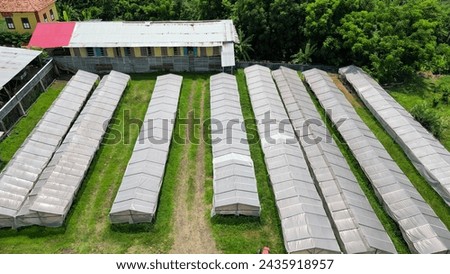 Aerial view over Cecab Cocoa drying shelters, at São Tomé,Africa