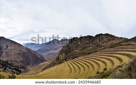 The Pisac Inca terraces are an impressive set of ancient agricultural terraces located near the city of Pisac in the Sacred Valley of the Incas in Peru Royalty-Free Stock Photo #2435946685