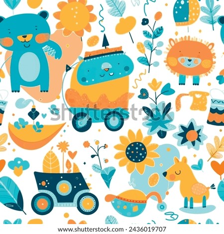 Baby boy cartoon hand drawn beautiful funny seamless pattern in blue yellow colors. Vector onamental cute fairy white background with colorful animals, flowers, cars, bears. Fabric pattern, wallpaper.