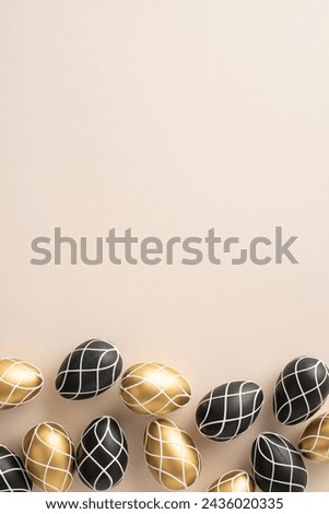 Easter spiritual service visual. Top view vertical picture of rich black and gold eggs, arranged meticulously on a light beige palette, with space left for wording or advertisements