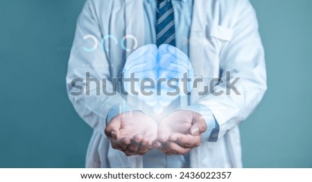 doctor, health, hospital, check, check-up, diagnosis, health care, innovation, medicals, medicine. doctor holding in hand the hologram of human brain and medical icons progress on virtual screen.