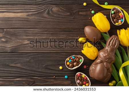 Spring Easter scene. Top view photo of chocolate eggs broken open, spilling colorful treats, next to a chocolate bunny and tulips with ribbon on a wood table, leaving empty space for text or adverts