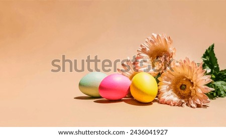 beautiful Easter eggs background in beige style with flowers and ribbons