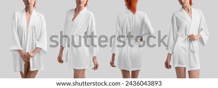 Mockup of silk white robe on slender girl, set of stylish home clothes with belt, for design, print, pattern, branding, front, back view. Template of a female short kimono isolated on a background Royalty-Free Stock Photo #2436043893