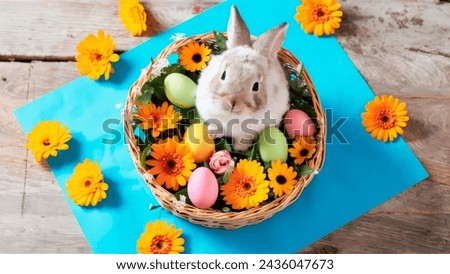 bunny in a basket with Easter eggs and flowers, sunny photo