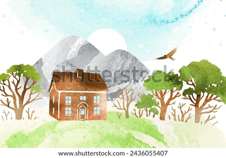 Vector rural watercolor landscape. Spring hand drawn illustration with mountains, trees and house under blue sky. All elements, textures are individual objects