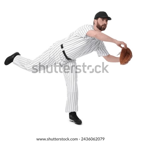 Baseball player with leather glove on white background