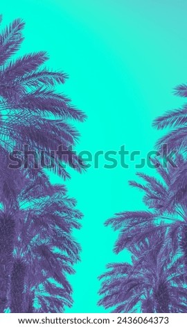 Two palm trees against blue sky.  Silhouette of tall palm trees. Tropical evening landscape.  Beautiful tropic nature. Vertical banner Royalty-Free Stock Photo #2436064373