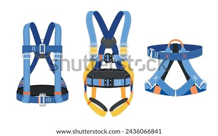 Climbing harness security rope for extreme sport alpinism vertical support set vector flat illustration. Mountaineering safety strength belt with gear hiking risk protection device climber accessory