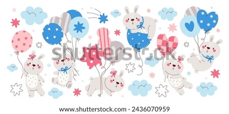 Cute bunny childish animal characters with balloons for greeting card, invitation postcard design due to baby shower, birthday anniversary vector illustration. Funny hare adorable rabbit festive set