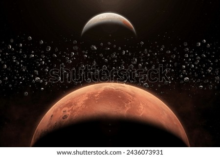 Mars, Jupiter, main asteroid belt, nebula and galaxy. Asteroids orbiting our Sun between Mars and Jupiter within the main asteroid belt. Dark space wallpaper. Elements of this image furnished by NASA.