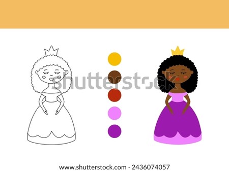 Coloring page for kids vector illustration. Black girl princess doll flat hand drawn clip art.
